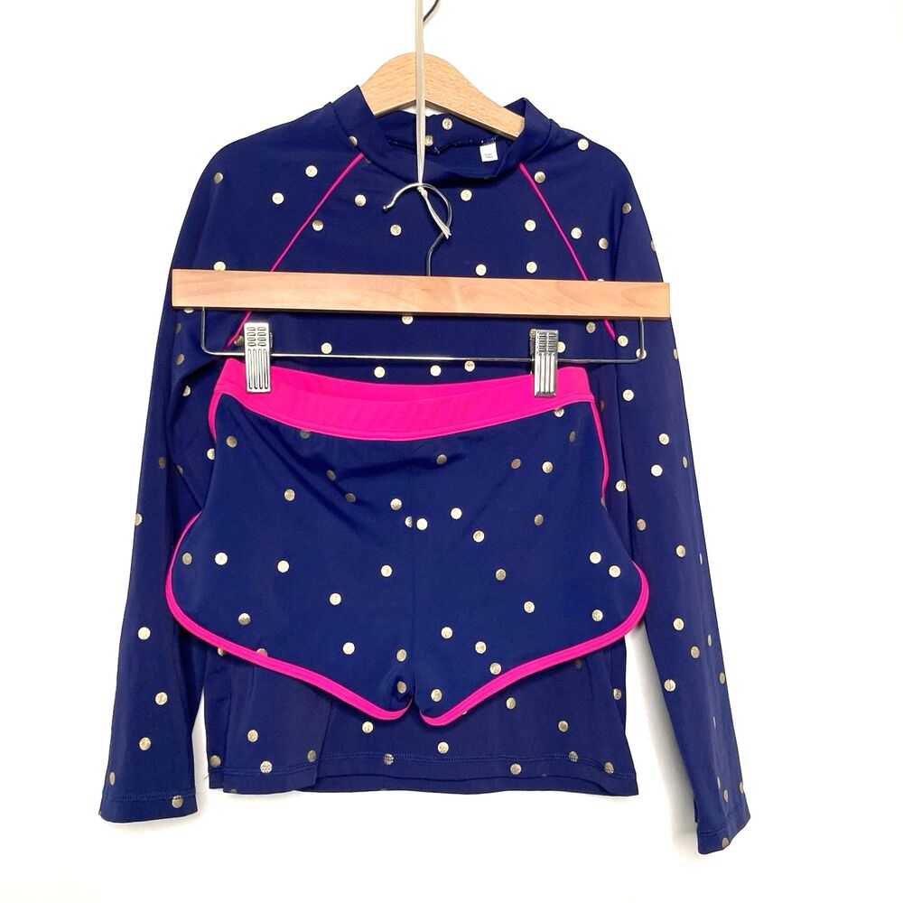 Boden Rash Guard Girls 9-10Y Navy Blue Gold Polka Dot UPF 40+ Swimsuit Set
